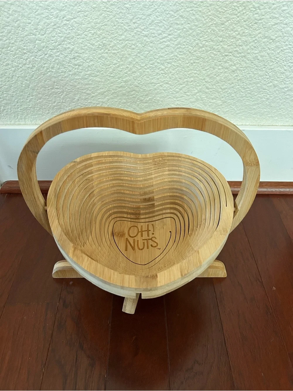 OH! Nuts Heart Shaped Collapsible Wooden Basket Tray Trivet Bamboo